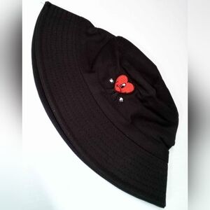 (New) Black Bad Bunny Bucket Hat with Red Heart Character Embroidery, Size Small